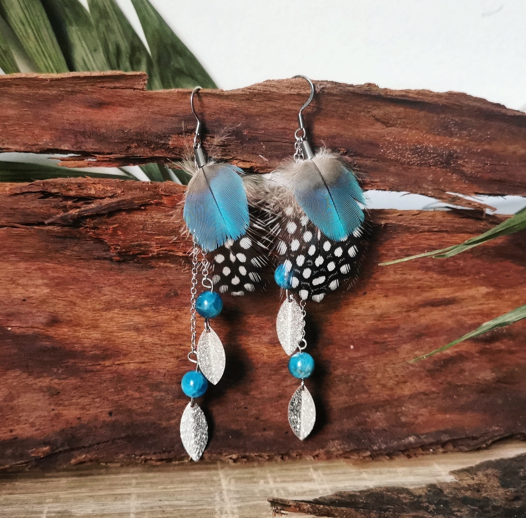 Boucles d'oreilles plumes, bijoux bohèmes ethniques femmes, idée cadeau fait main, bijoux créateur