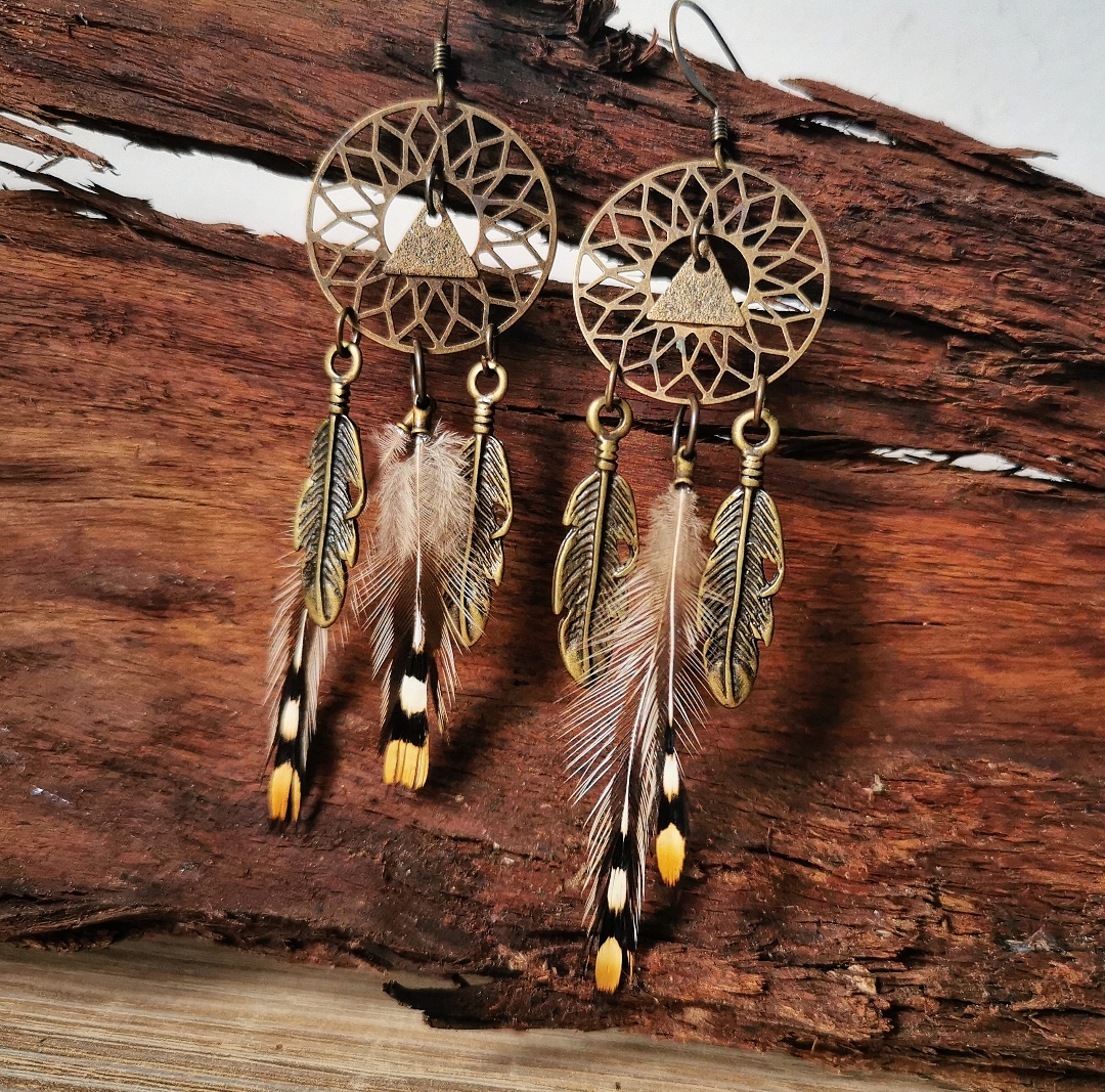 boucles d'oreilles attrape-rêves artisanat création bohème ethnique fait main en france bijoux plumes
