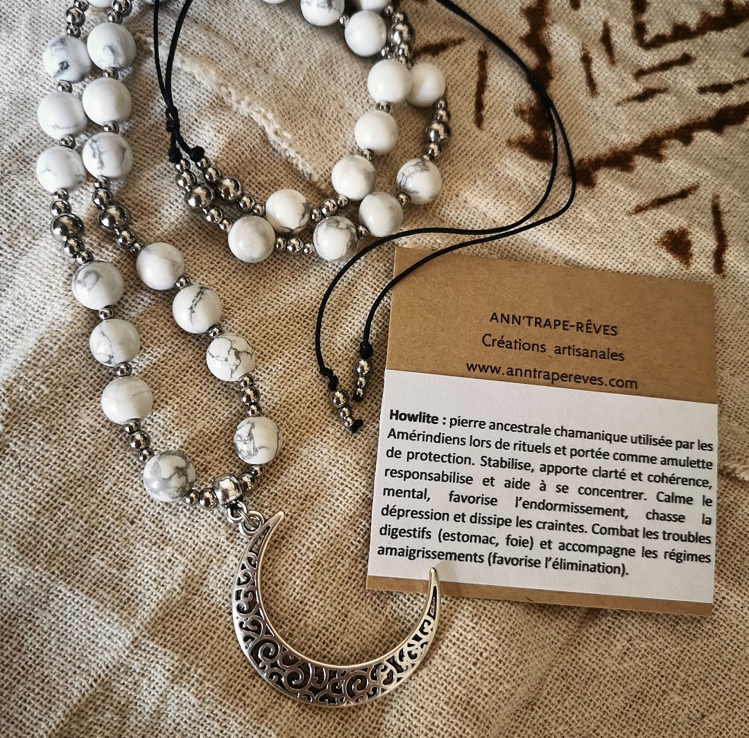 collier croissant de lune argenté pierre howlite blanche bijoux bohèmes